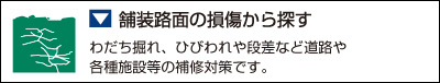 舗装路面の損傷から探す
わだち掘れ、ひびわれや段差など道路や各種施設等の補修対策です。