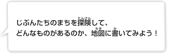 自分たちのまちを探検して、どんなものがあるか、地図に書いてみよう！